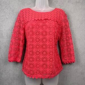 Boden Womens Crochet Top SZ 8 Salmon Pink 3/4 Sleeve Mod Floral Lace Retro 60s